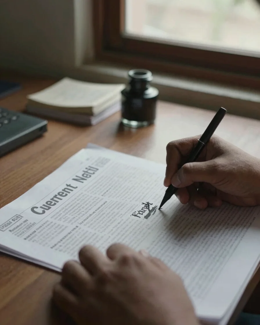 Documentary close-up of hands annotating a printed current affairs digest on a wooden desk, soft Indian daylight through