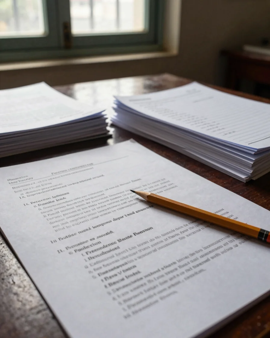 Close view of a printed policy notice with a pencil resting on it, a neatly stacked pile of revision notes beside it, so